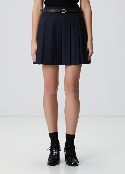 Lacivert Kemerli Mini Etek